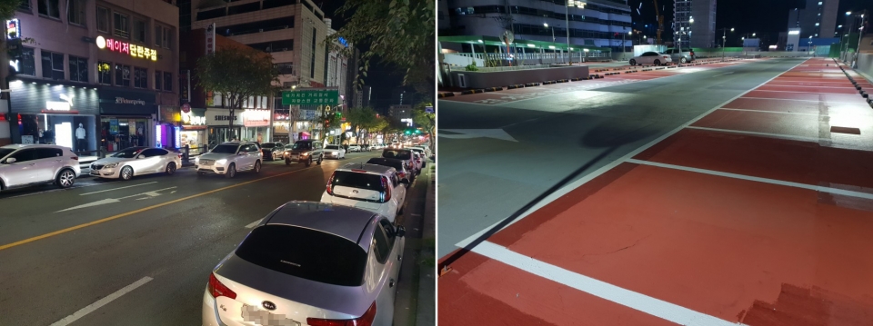 지난 25일 추석 연휴 공영 주차장이 무료로 개방됐지만 공영주차장은 텅 비고(사진오른쪽) 인근 도로에는 불법 주차 차량으로 극심한 교통체증이 발생했다.