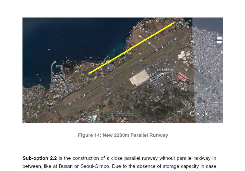 ADPi(파리공항공단 엔지니어링)가 제주공항에 또 다른 평행 활주로 설치 시 부적절하다고 평가한 보고서 내용.