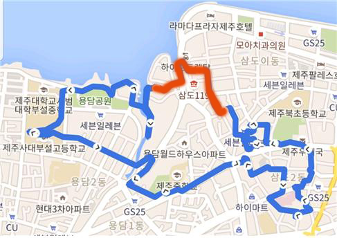 무근성~풍운뇌우단 터 여정 지도(빨간색 선).