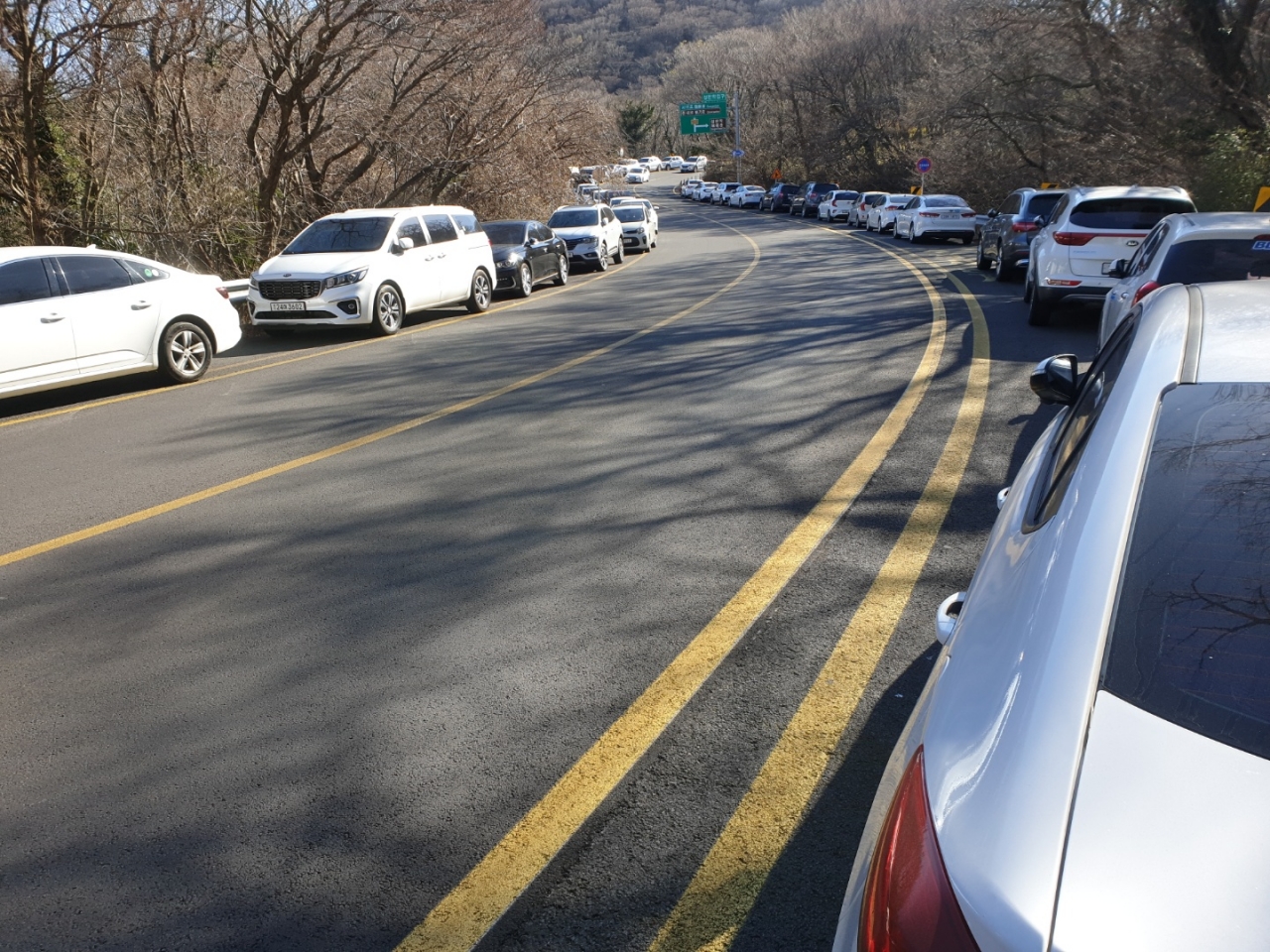 10일 한라산 성판악휴게소 인근 도로에 불법 주차된 차량들.