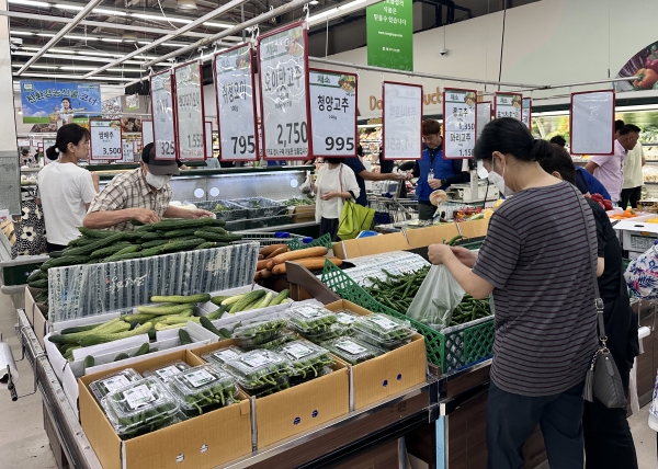 최근 집중 호우와 폭염으로 채소류와 육류 가격이 크게 오른 가운데 23일 제주시농협 하나로마트를 찾은 도민들이 채소를 살펴보고 있다.