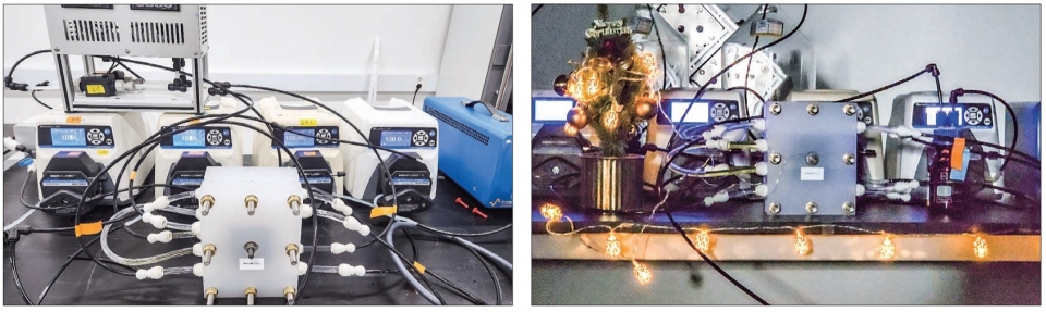 실험실 규모의 해수이용 장주기 에너지저장장치인 블루배터리(사진 왼쪽), 해수를 이용해서 전기를 생산하는 블루배터리.