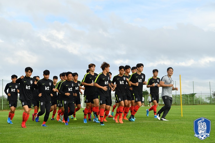 제주에서 훈련 중인 한국 U-22 대표팀 선수단 훈련 모습. 사진=대한축구협회 제공