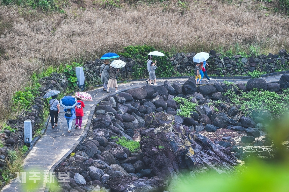 장맛비가 내리는 17일 제주시 애월읍 한담해변을 찾은 관광객들이 우산을 쓰고 내리는 비를 맞으며 해안길을 산책하고 있다. 고봉수 기자 chkbs9898@jejunews.com