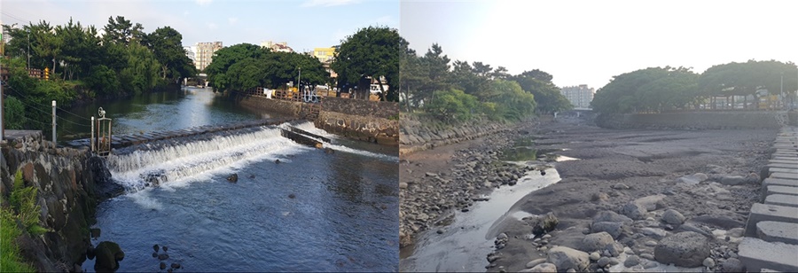 수량이 풍부할 때의 월대천 모습(왼쪽)과 최근 주변 지역 개발로 바닥을 드러낸 모습(오른쪽)