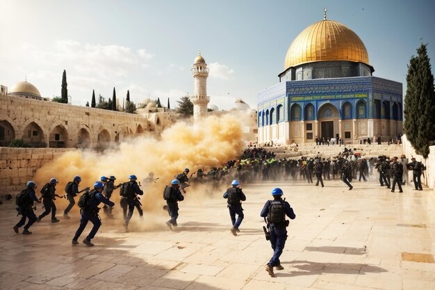 2023년 4월 예루살렘 성전산 내 알 아크사 이슬람 사원 앞 무슬림들을 습격하는 이스라엘 군.